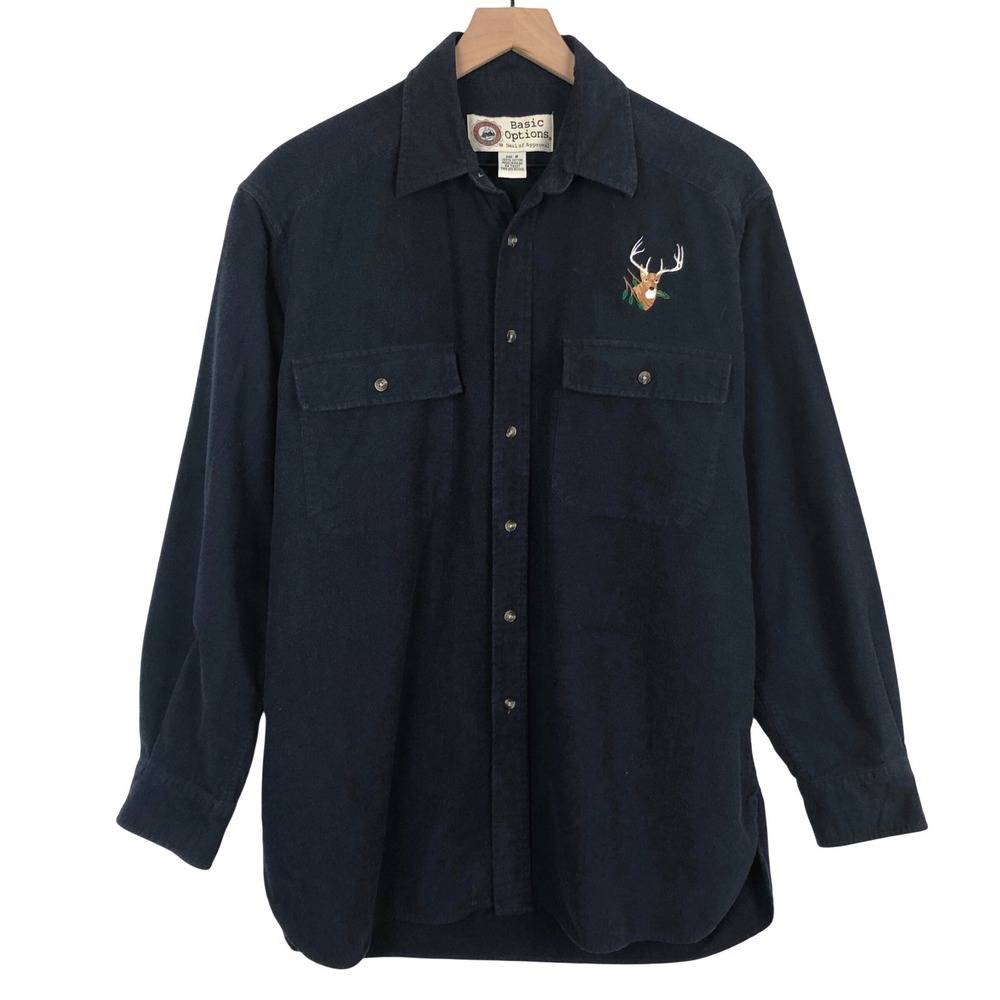 VTG Basic Options 100%‎ Cotton Flannel Chamois Deer Embroidered Shirt Sz M Navy
